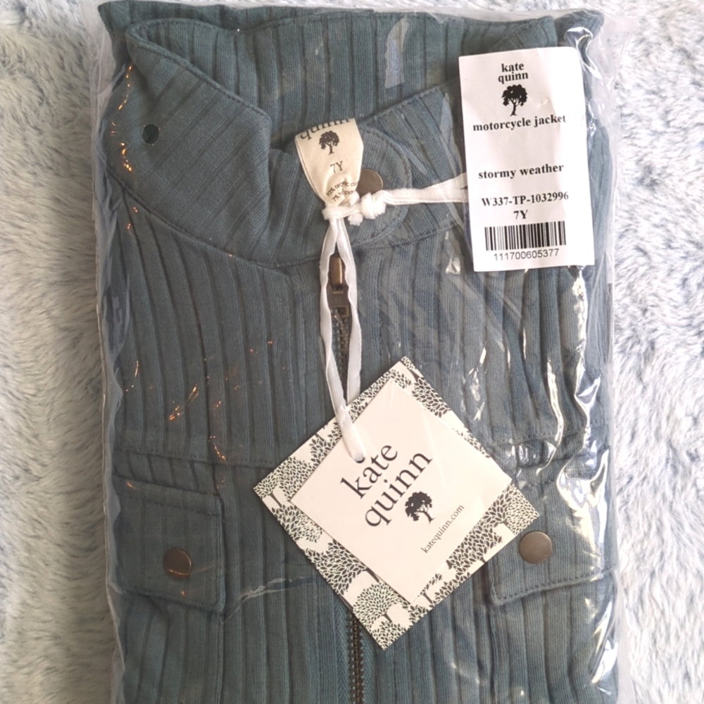 NWT 7Y Kate Quinn Long Sleeve Motorcycle Jacket Stormy Weather Blue Wide Rib - Picture 2 of 3